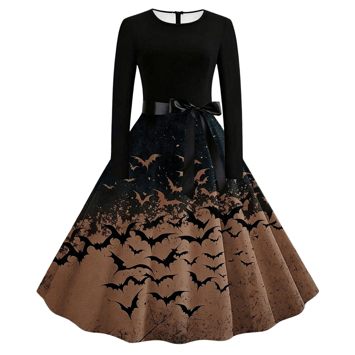 Women's Vintage Halloween Bat Print Swing Dress Long Sleeve 1950s Retro A-Line Midi Dresses with Satin Sash Belt for Gothic Cosplay Evening Prom Party