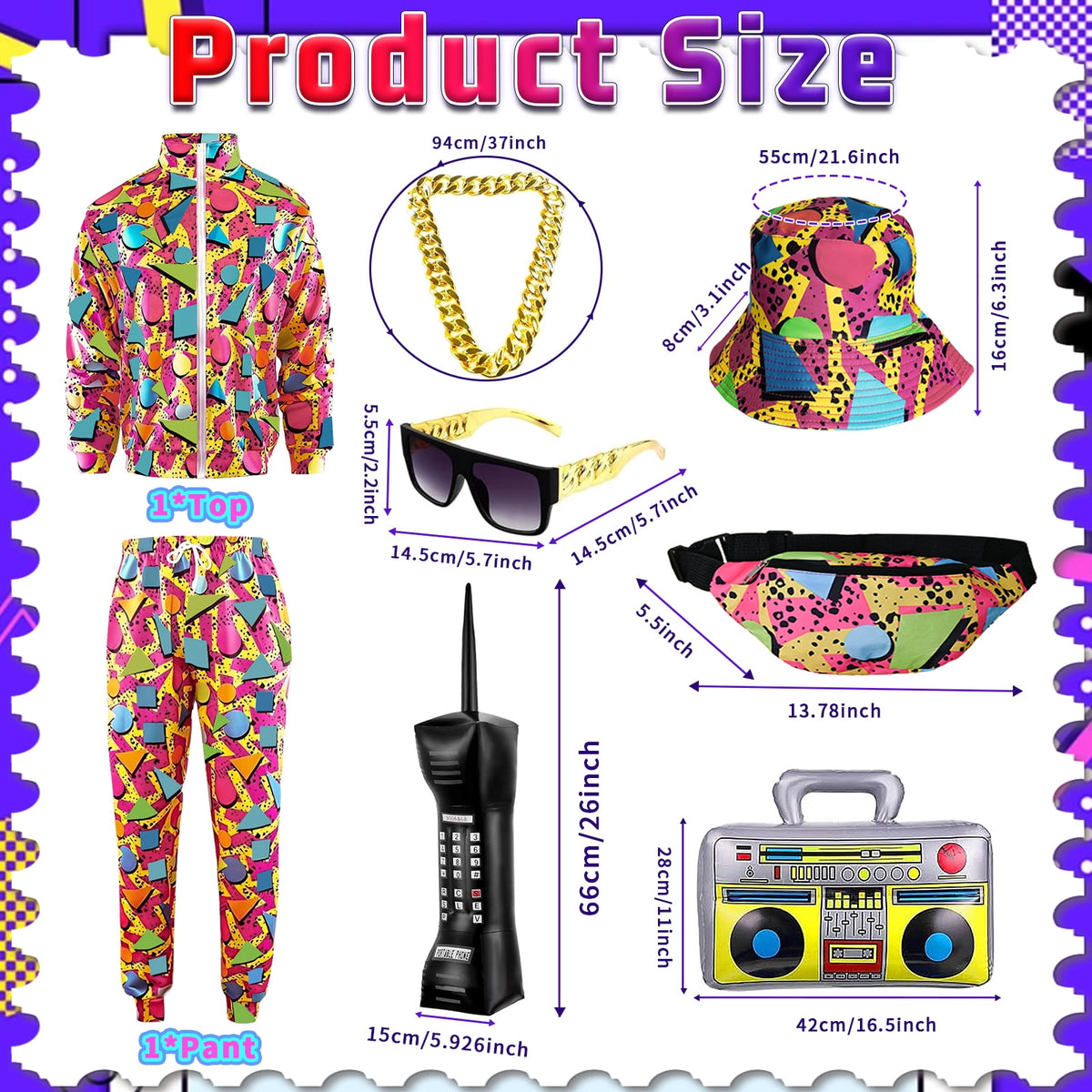 GYQMBT 80s 90s Men's Sportswear, Party Hip Hop Windbreaker 90s Disco Sportswear, 80s Adult Bizarre Costume 8 Piece Set, Black, M