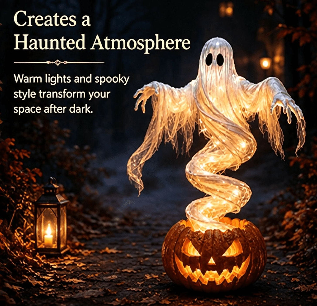 Swirling Ghost Pumpkin Yard Lamp, Halloween Yard Sculpture LED Glowing Floating Ghost Pumpkin Light, Halloween Outdoor Lawn Front Entrance Decor