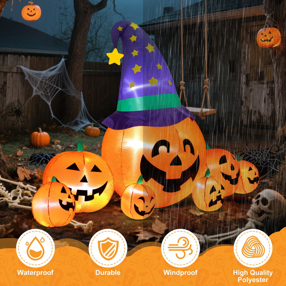 Yexmas 8.7ft Halloween Inflatables Pumpkins 7 Blow Up Decor with Witches Hat, Built-in LED Lights for Halloween Party, Yard, Garden, Lawn