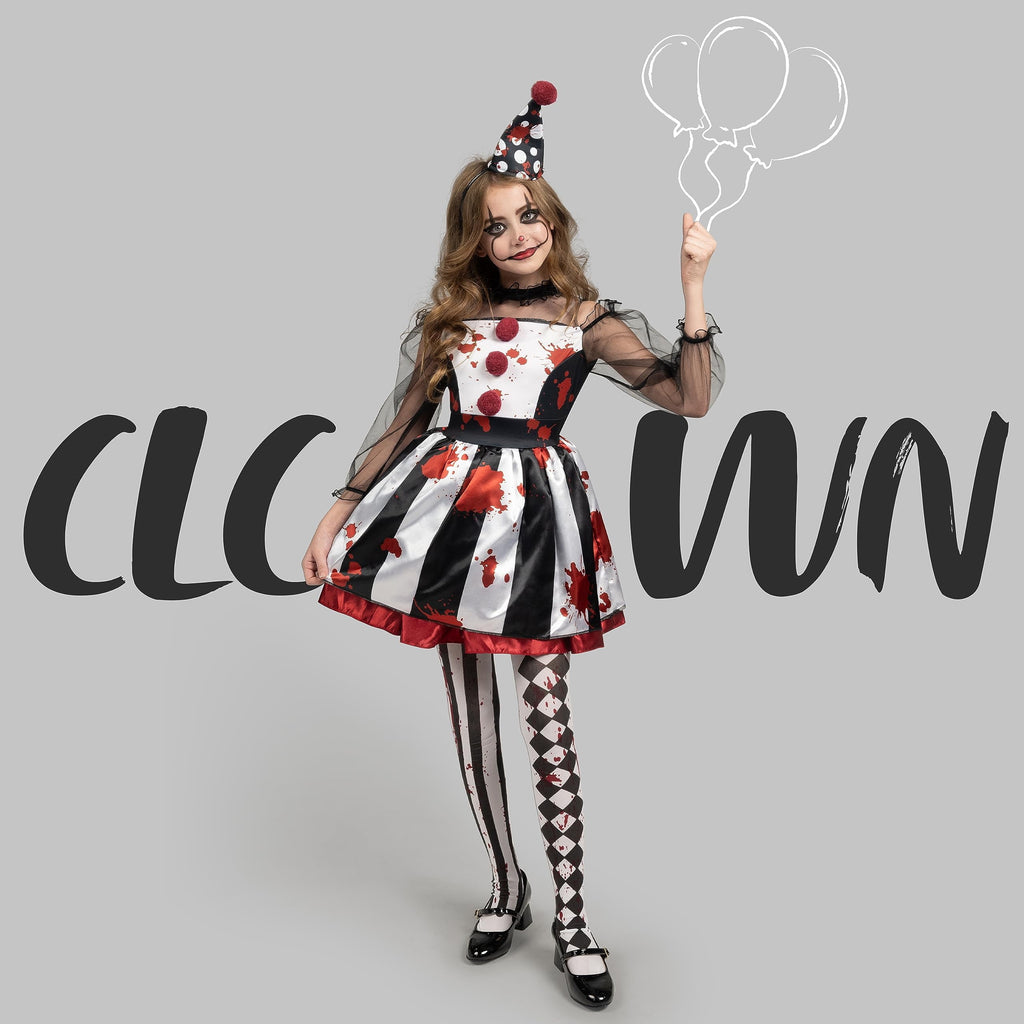 Joyfy Girls Clown Costume, Halloween Scary Clown Costume, Family Matching Bloody Jester Dress for Girls Halloween Dress up, Role Play, Cosplay Party