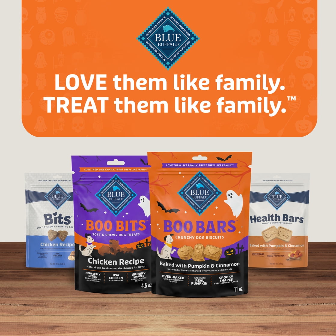 Blue Buffalo Boo Bars Crunchy Halloween Dog Biscuits Pumpkin & Cinnamon Recipe 11-oz Bag