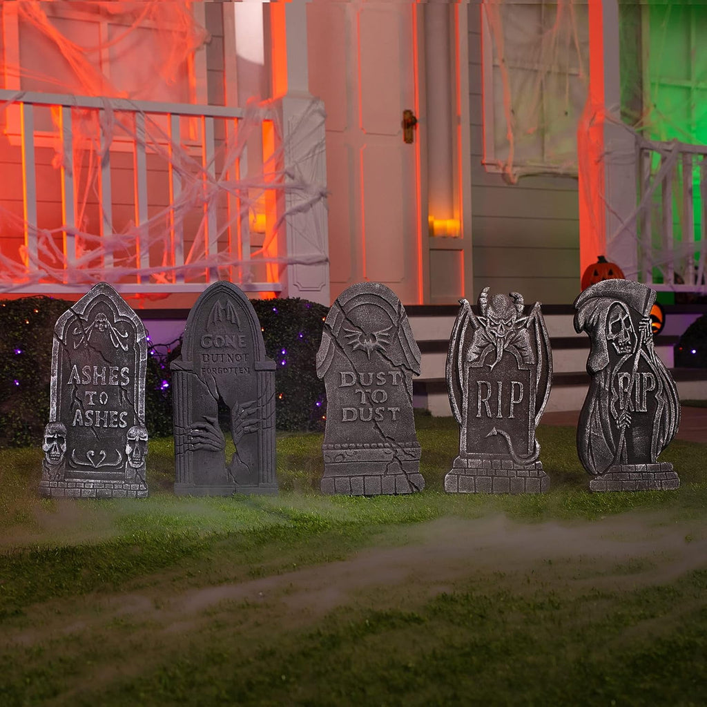 Joyfy 17" Halloween 5 Pack Tombstone Decorations, Foam RIP Graveyard Signs Cemetery Headstones Scary Outdoor Indoor Halloween Decor with 12 Metal Stakes for Easy Set Up, Waterproof for Garden Lawn