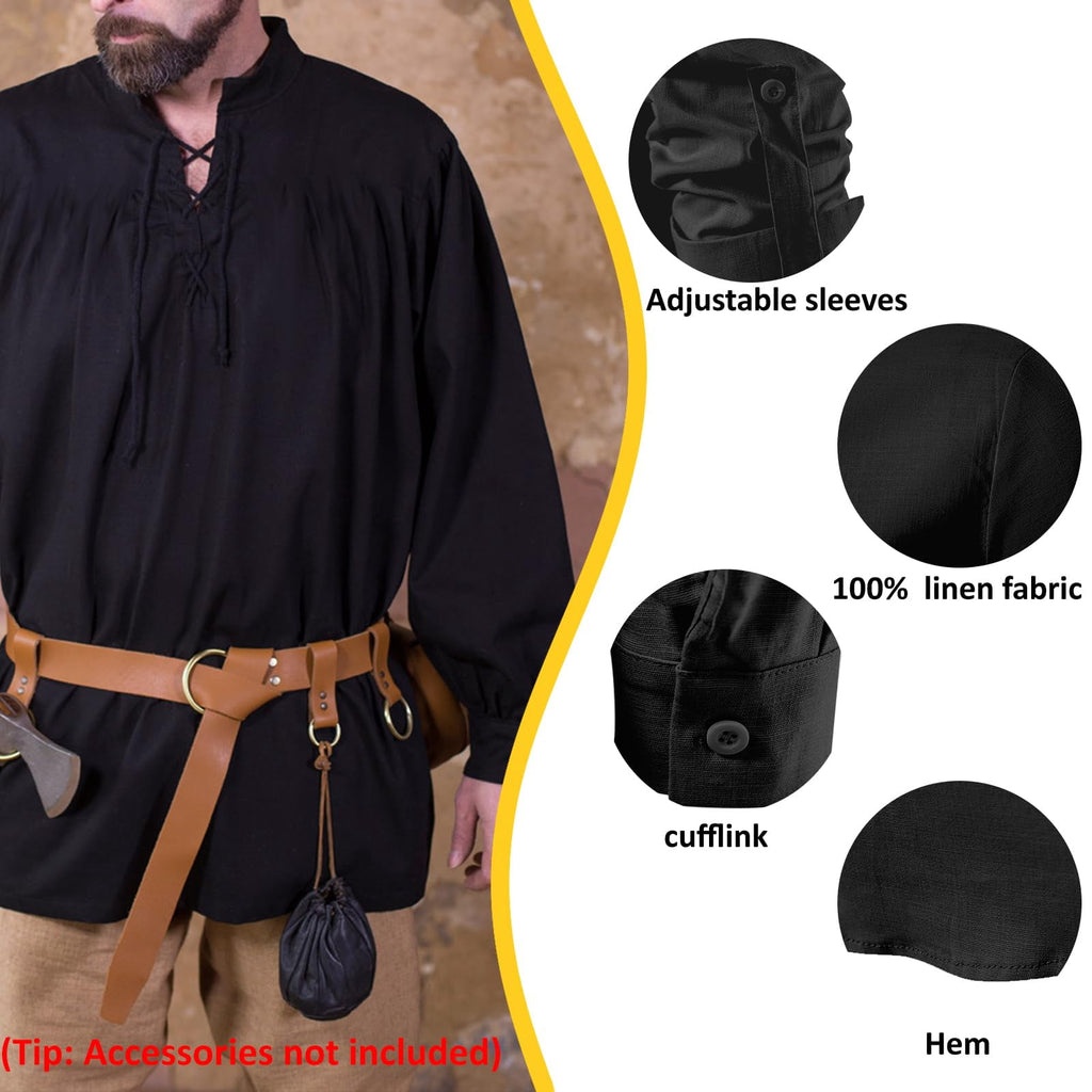ATTBEA Mens Pirate Renaissance Costume Pirate Shirt Long Sleeves Medieval Viking Gothic Celtic Pirate Vest for Unisex Halloween Costume