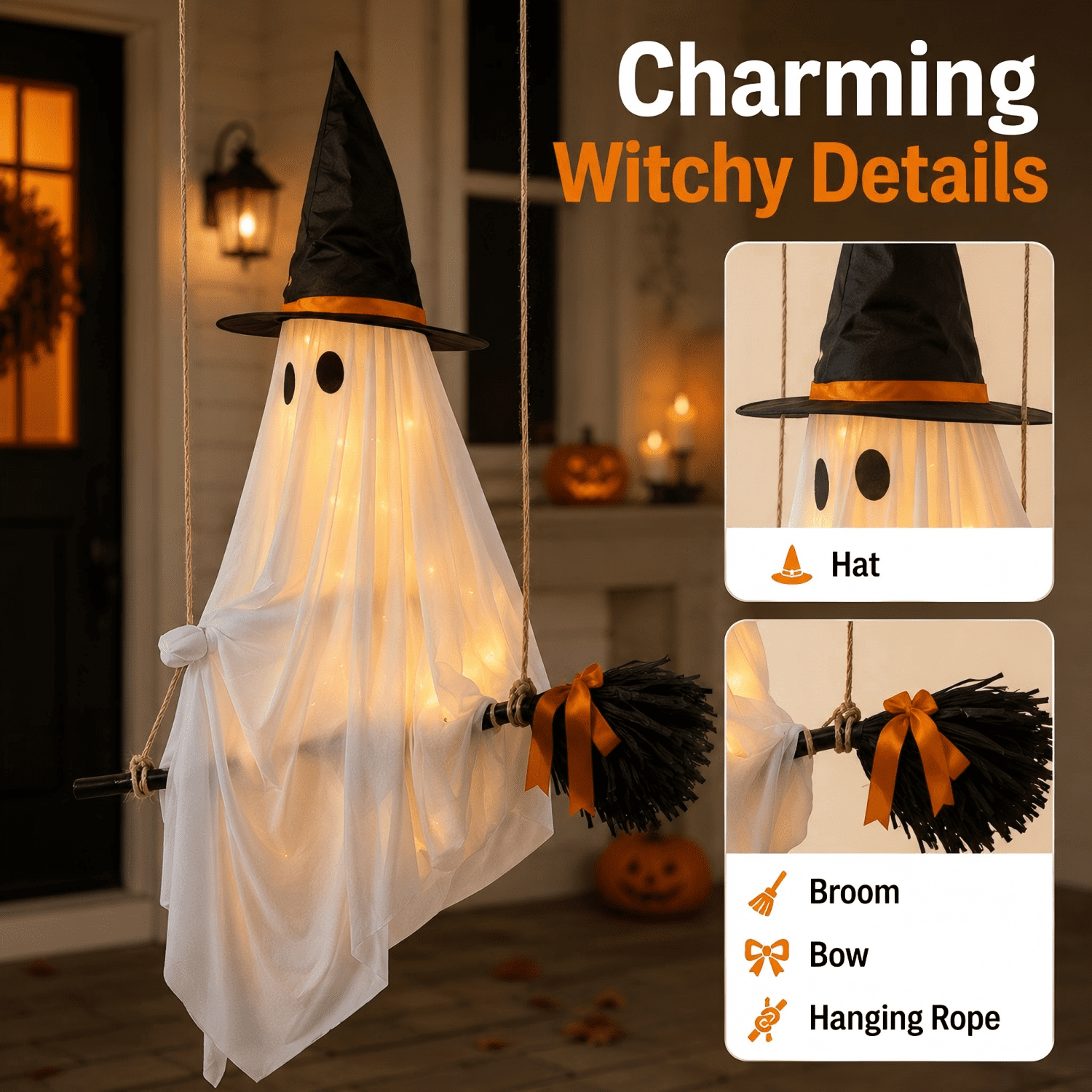 5 FT DIY Hanging Swing Ghost Halloween Decor, Light-Up Flying Ghost on Broomstick with Witch Hat, Spooky Cute Outdoor Halloween Decorations for Front Porch Yard Tree (Remote-controlled light-up )
