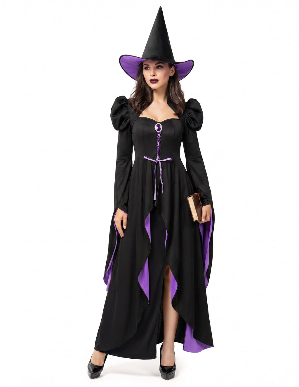 Joyfy Witch Costume for Women, Starry Witch Dress with Belt Hat for Adult Halloween Party Cosplay Dress up