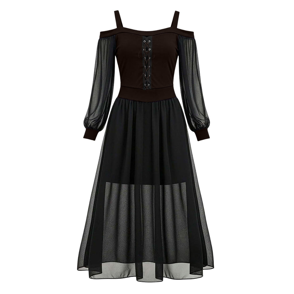 JOANKDMI Women's Gothic Midi Dress Elegant Vampire Costume Cold Shoulder Sheer Long Sleeve Lace-up Corset for Roleplay Halloween Party Outfit Chic, S-3XL