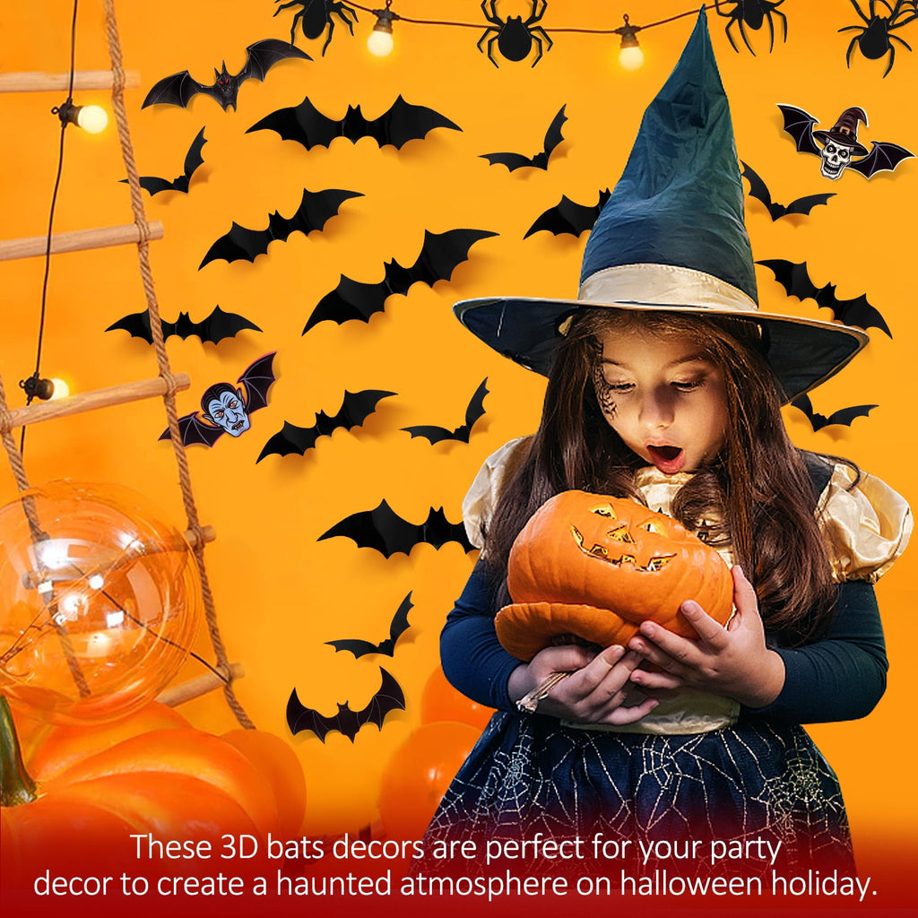 Ayieyill 126pcs Halloween Bat Stickers for Halloween Wall Decor and Window Clings, 3D Spider and Bat Decals for Indoor Halloween Decor