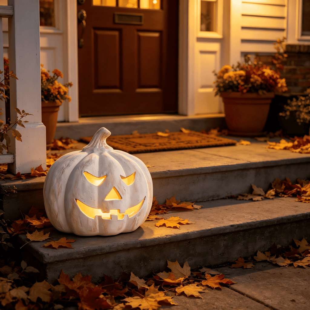 Fall Decorations for Home - Halloween Decor Indoor - 7.87" H White Handmade Resin Pumpkin Jack O' Lantern with Flameless Candle - Outdoor Decoration for Front Door Porch Mantel Kitchen Living Room