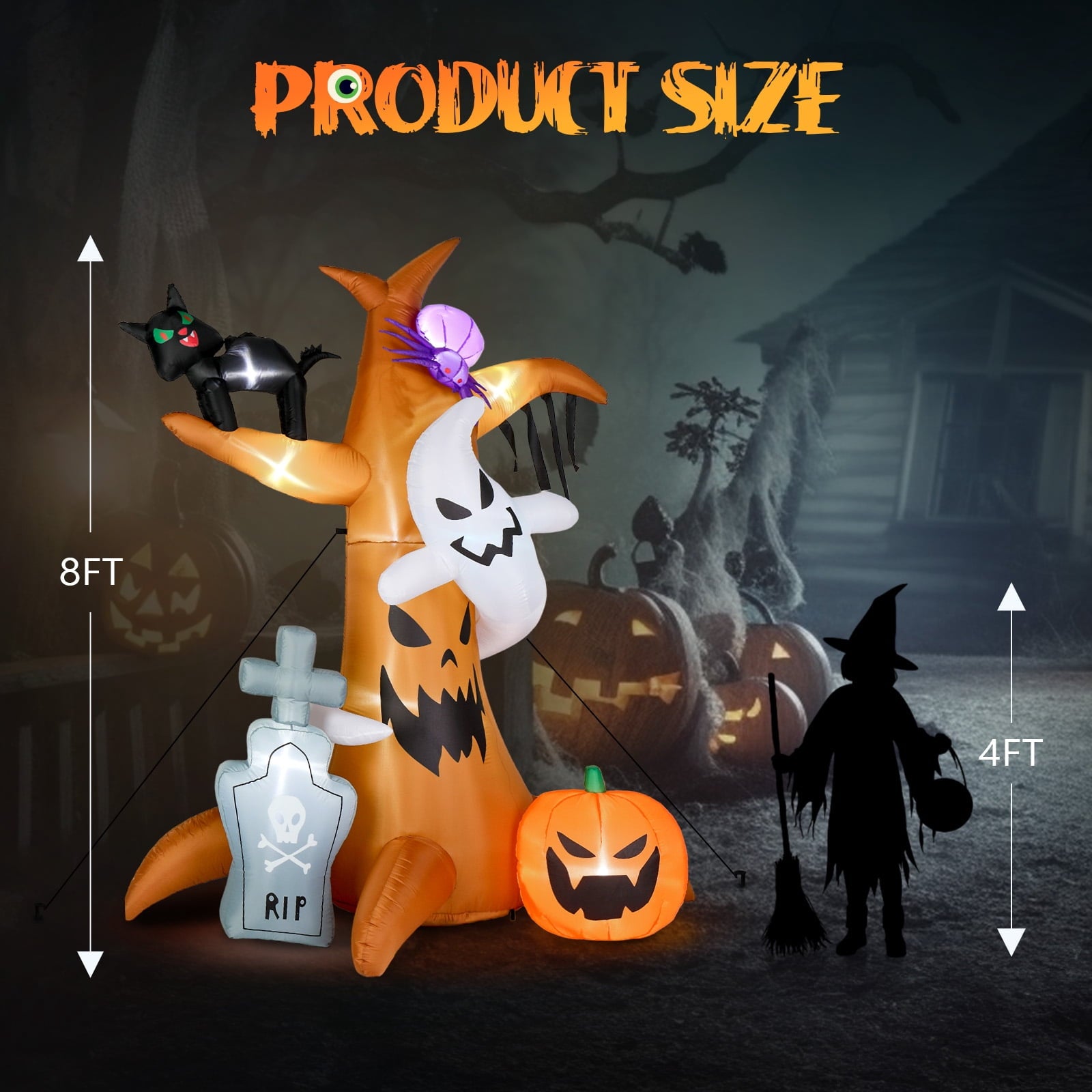UBesGoo Inflateble Halloween Decoration 8FT Tree w/ Tombstone Pumpkin Ghost and Cat