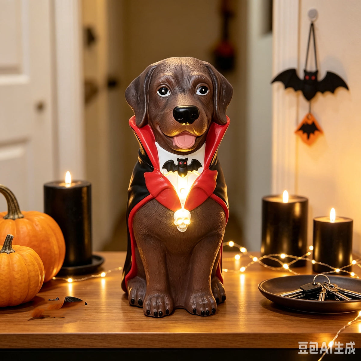 Gray Frenchie in Shark Costume Blow Mold, Halloween French Bulldog Statue with Light Up Pumpkin Decor, Cute Resin Outdoor Indoor Tabletop Dog Ornament, Entryway Patio Yard Decoration, 8"