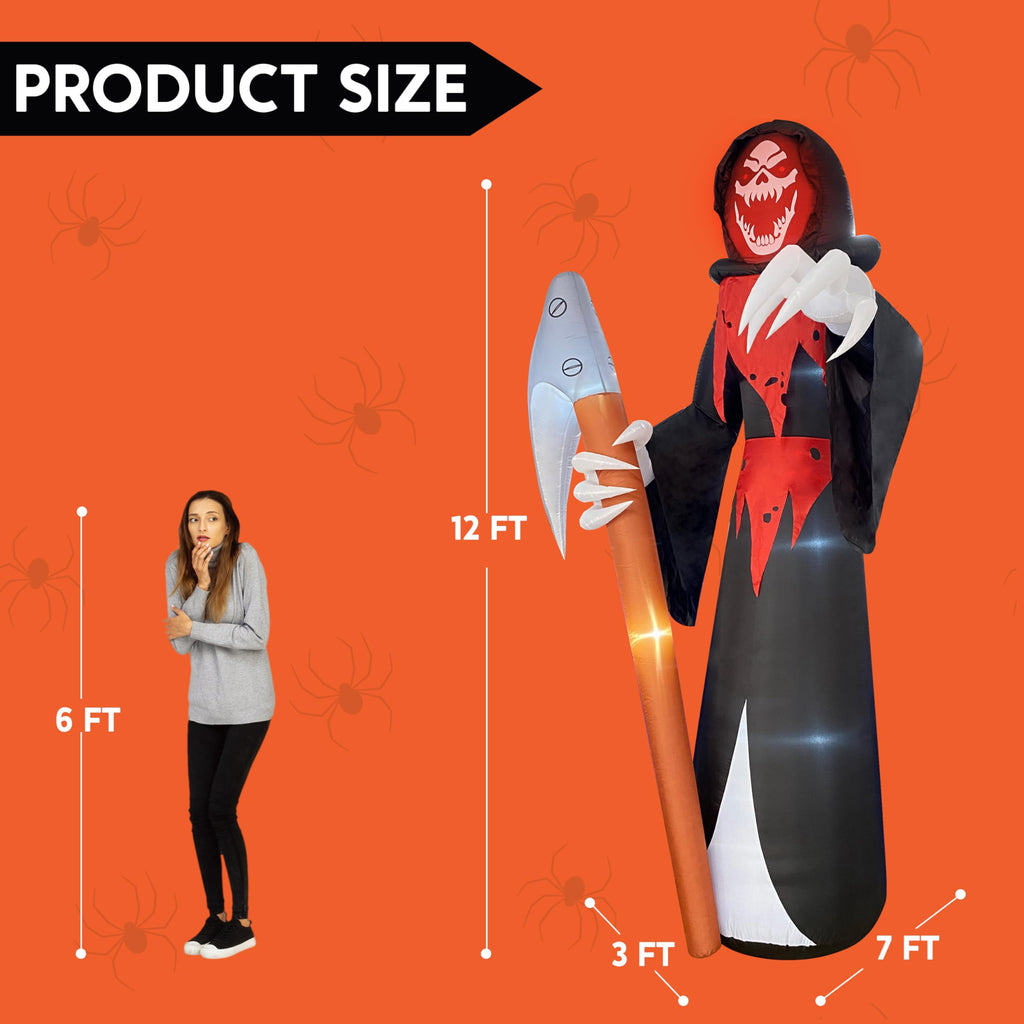 Joyfy 12 FT Halloween Inflatable Giant Grim Reaper Decoration with Built-in LEDs,Grim Reaper with Scythe Halloween Decorations Outdoor Blow Up Yard Lawn Decoration
