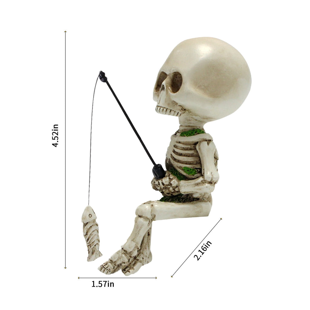 Darzheoy Halloween Fishing Skeleton Garden Accessory, Mini Skeleton Figurines Statue Decor Pond Waterfalls Gothic Home Office Desk Holiday Ornament