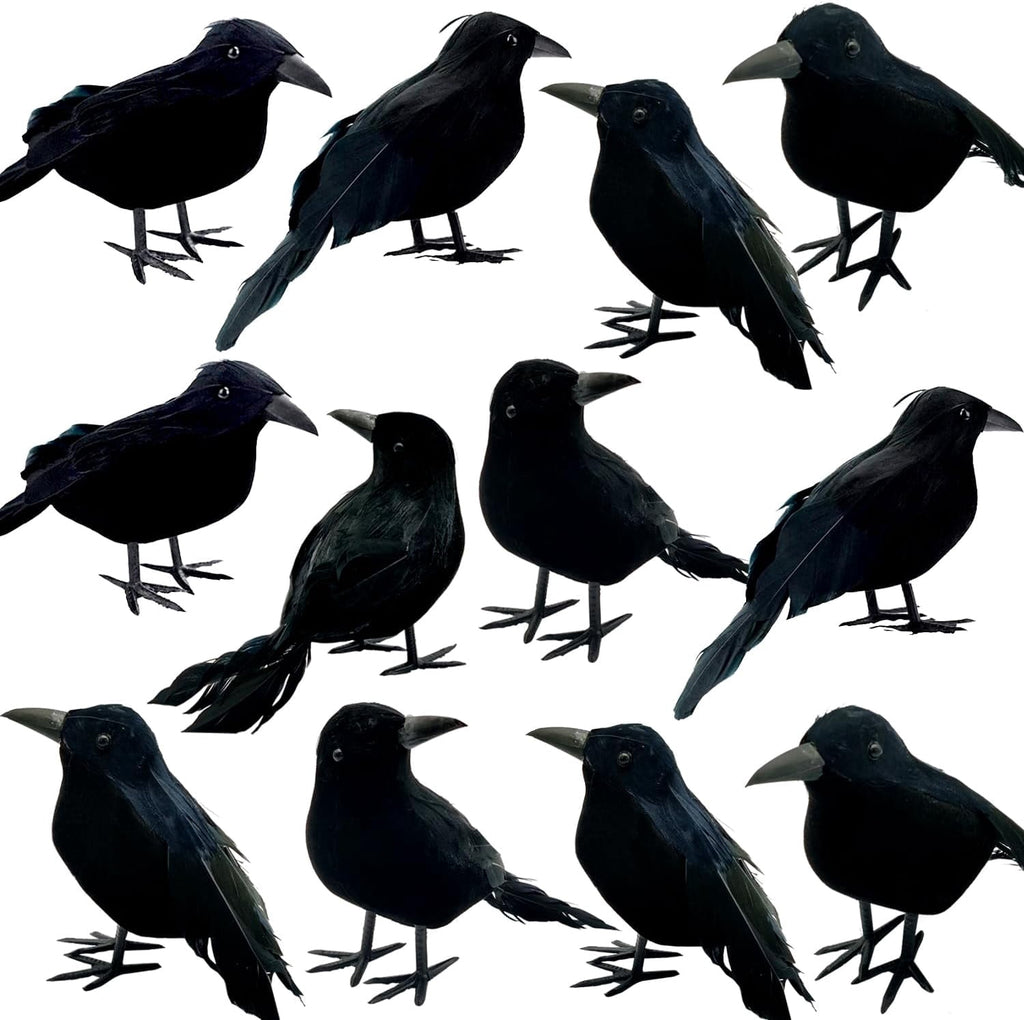 Yanxiao 6PCS Halloween Black Crows Decorations, Realistic Foam Halloween Handmade Black Feathered Crows with Fixable Legs, Halloween Gothic Ornaments for Table Centerpieces, Party, Indoor & Outdoor