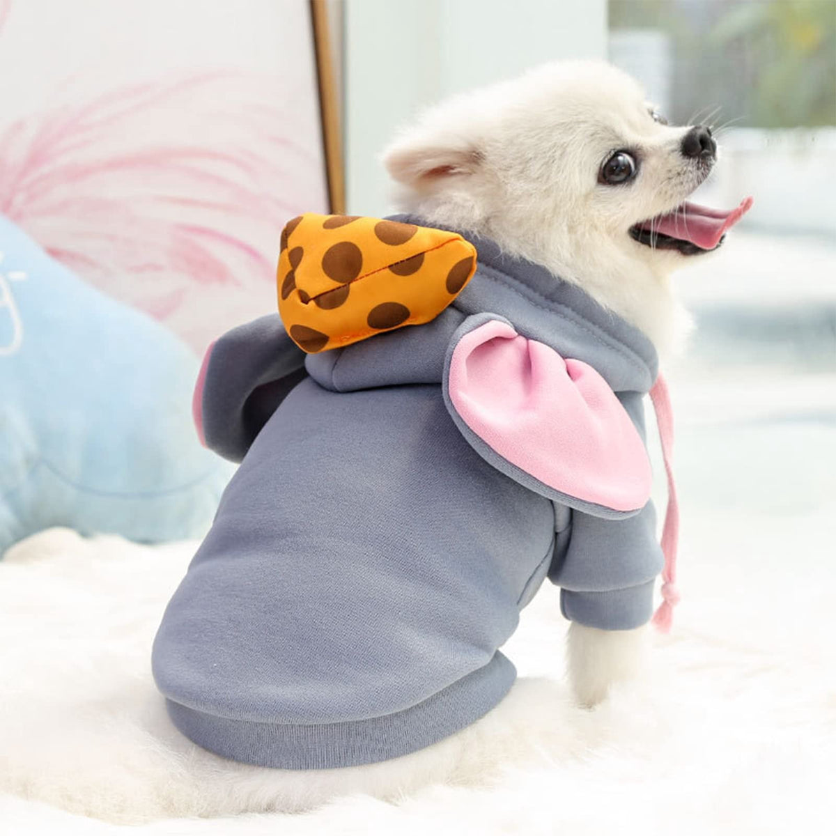WILLED Winter Big Ear Mouse Dog Hoodies, Cute Cheese Warm Pet Halloween Costume, for Small to Medium Dogs, Puppy French Bulldog, Chihuahua, Gray, XXS