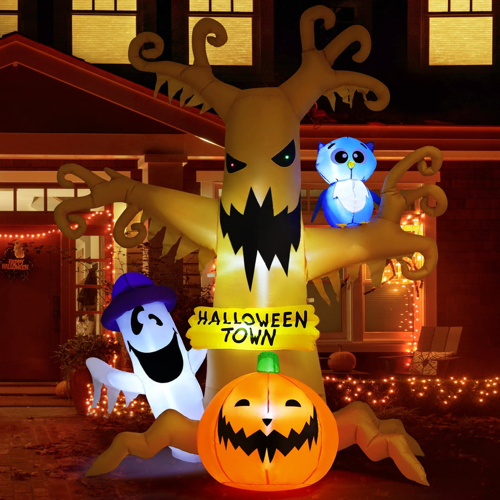 GOOSH Halloween Inflatables 8 FT Halloween Inflatable tree with Ghost Pumpkin and Owl, Halloween Dead Tree Decorations Scary Halloween Decorations with Built-in Lights for Halloween/Holiday/Party
