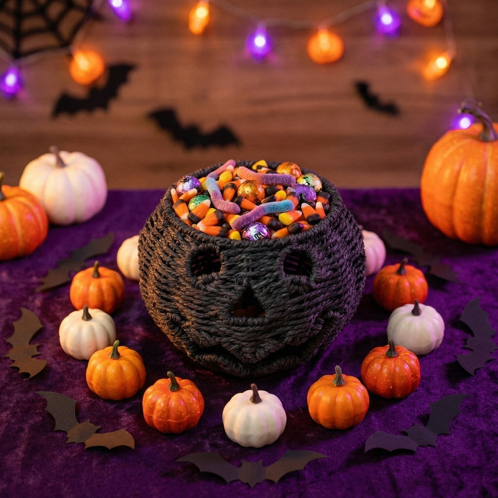 2026 Halloween Black Woven Seagrass Pumpkin Storage Basket with Lid, Fall Indoor Home Decorations for Halloween Party Home Halloween Decor, 10.2 inch