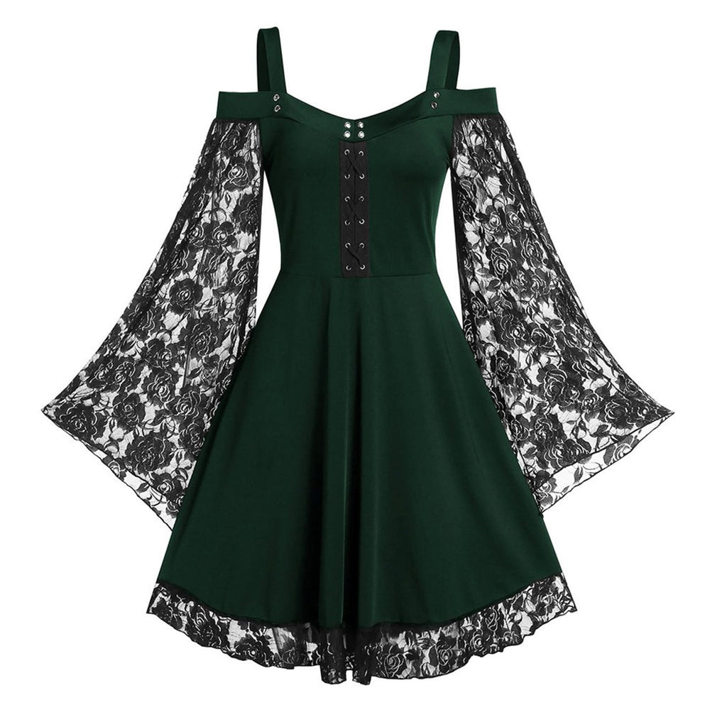LYXSSBYX Halloween Costume for Women Cosplay Costumes Women Patchwork Skull Lace Splicing Long Sleeve Vintage Party Dark Gothic Dress