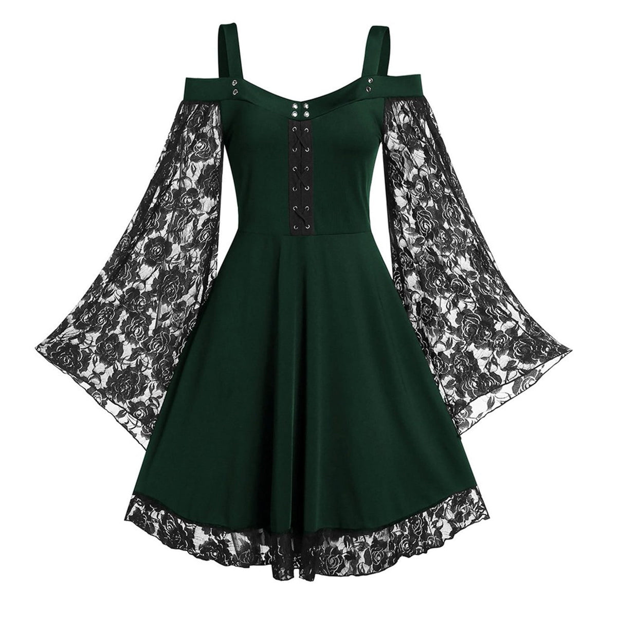 LYXSSBYX Halloween Costume for Women Cosplay Costumes Women Patchwork Skull Lace Splicing Long Sleeve Vintage Party Dark Gothic Dress