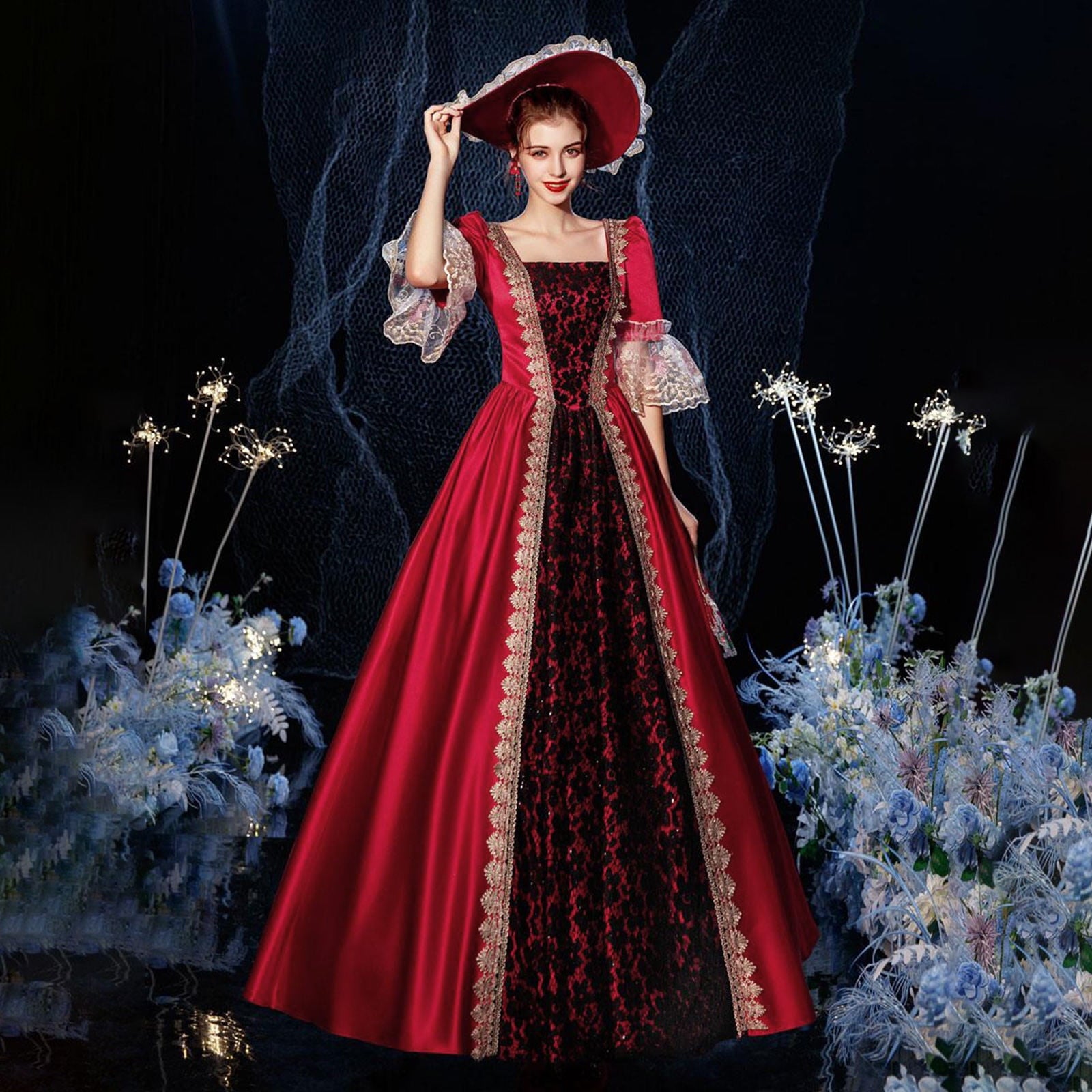 UPPADA Plus Size Victorian Dress for Women Lace Up Flare Sleeve Ball Gown with Corset Evening Party Maxi Gowns Vintage Cocktail Dress Wedding Dresses Early