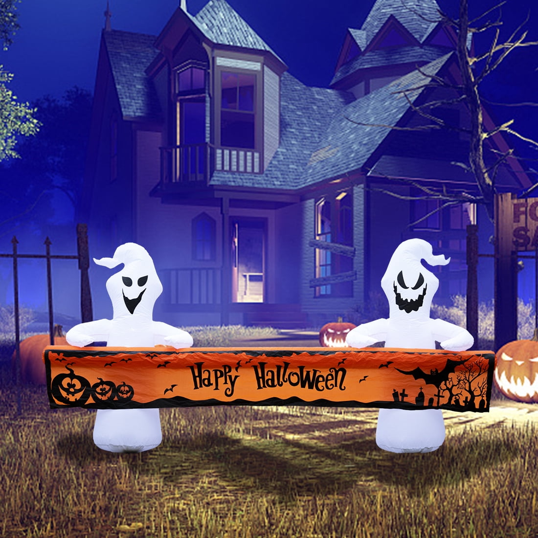 Large Hallowee Inflatable-8FT White Ghosts with Orange Banner Print “Happy Halloween” LED Lights Outdoor Halloween Decorations Blow Up Decoration for Halloween Party, Yard, Garden, Lawn