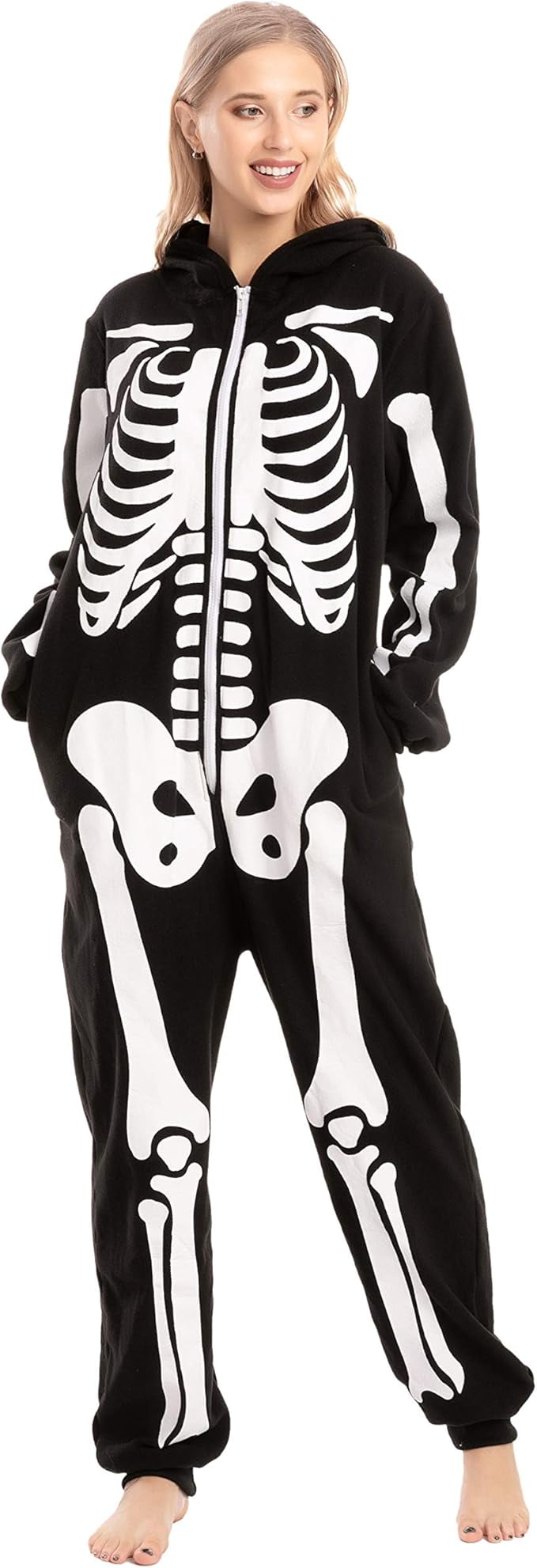 Joyfy Skeleton Costume for Adult Unisex Zip-Up Hooded Jumpsuit Pajama for Halloween Party Cosplay and Themed Events