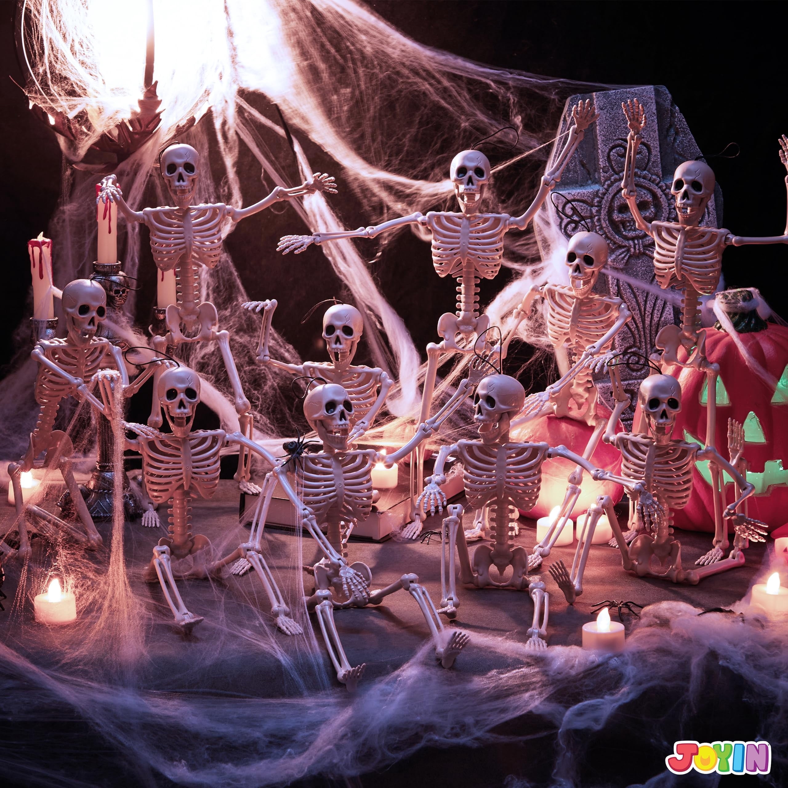 Joyfy 5 Pcs Halloween Skeleton Decorations,16 inch Full Body Poseable Skeleton with Movable Joints for Halloween Indoor Outdoor Party,Graveyard,Haunted House Accessories,White