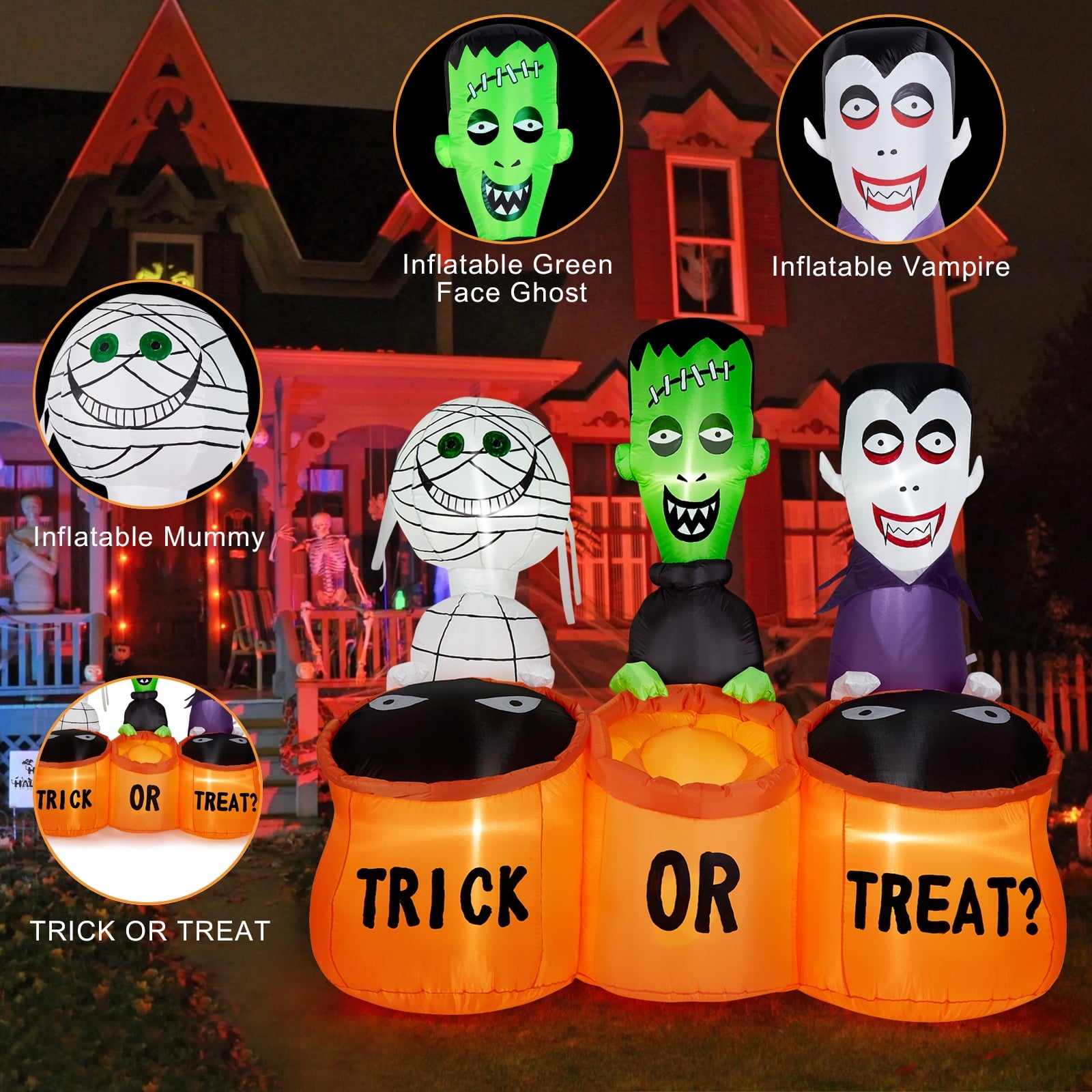 5.7FT Inflatable Halloween Inflatable Crawling Green Ghost with Tombstone Built-in LED Lights Inflatable LED Lights Blow Up Yard Decoration
