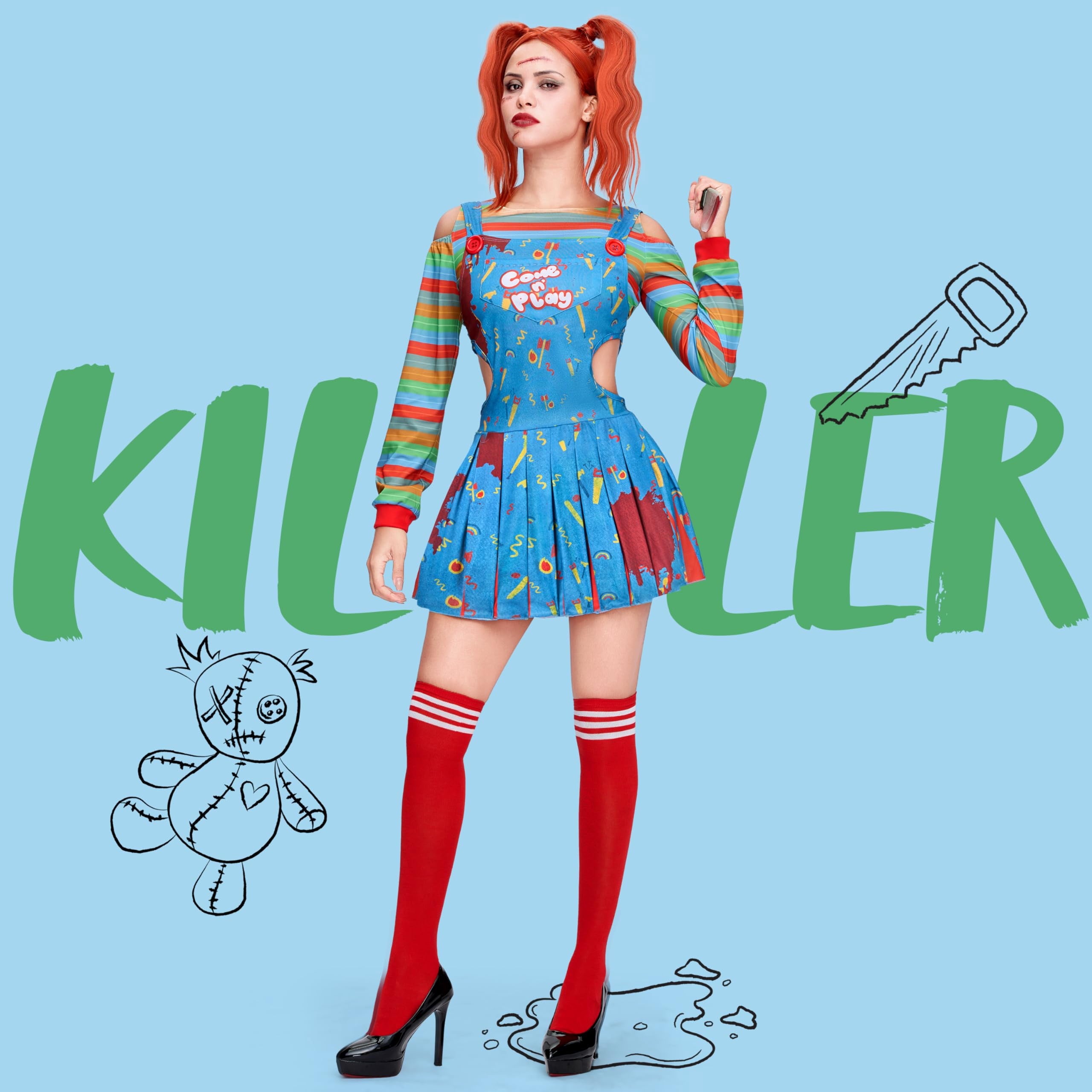 Joyfy Creepy Doll Costume for Women, Family Matching Killer Doll Costume for Halloween Fancy Dress up Cosplay