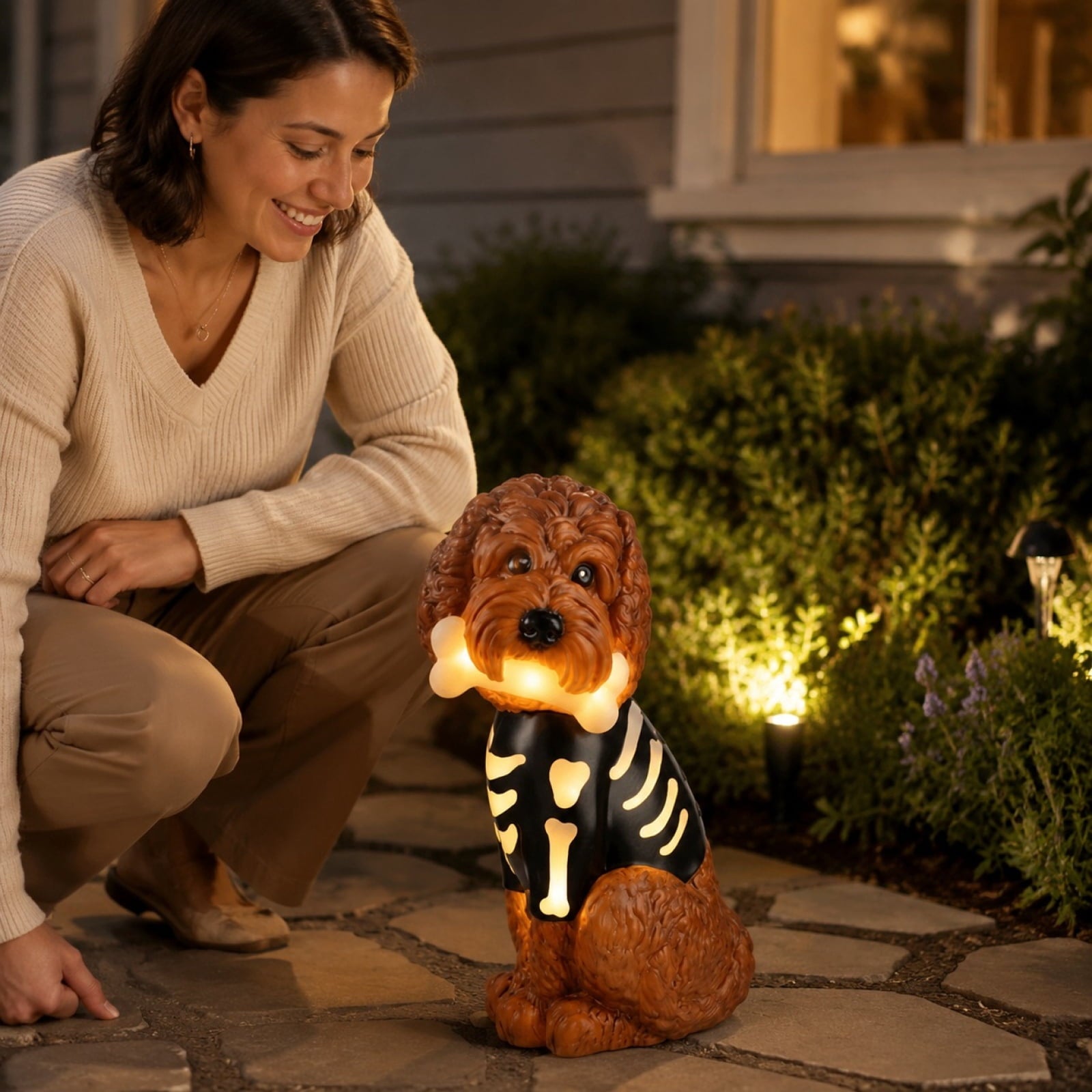 Halloween Dog Greeter - Frenchie 7.9in Resin Witch Dog with Light-Up Pumpkin, Spooky Fall Decor, Indoor Outdoor Tabletop Decoration