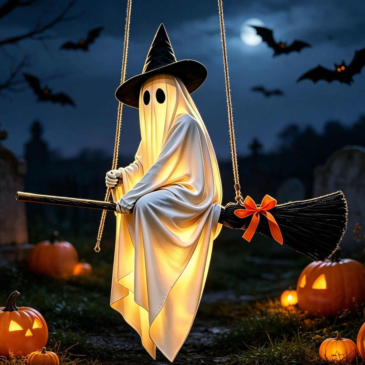 Outdoor Halloween Decorations Large Hanging Ghost and Witch Broom with Lights, Spooky and Cute Ghost Decor for the Front Porch, Yard