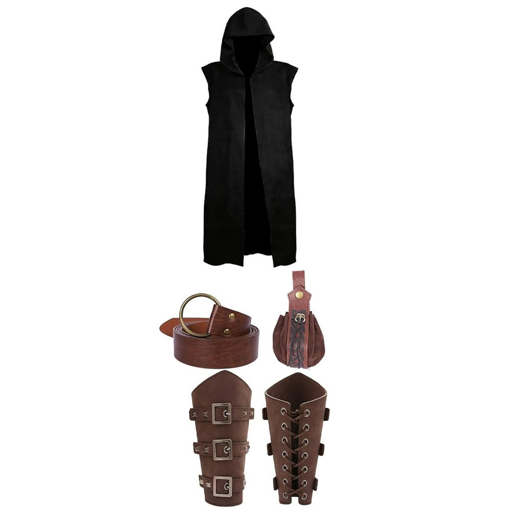 Men's Medieval Vintage Viking 5-Piece Cosplay Costume Set Sleeveless Hooded Cape Belt and Bracers for Halloween