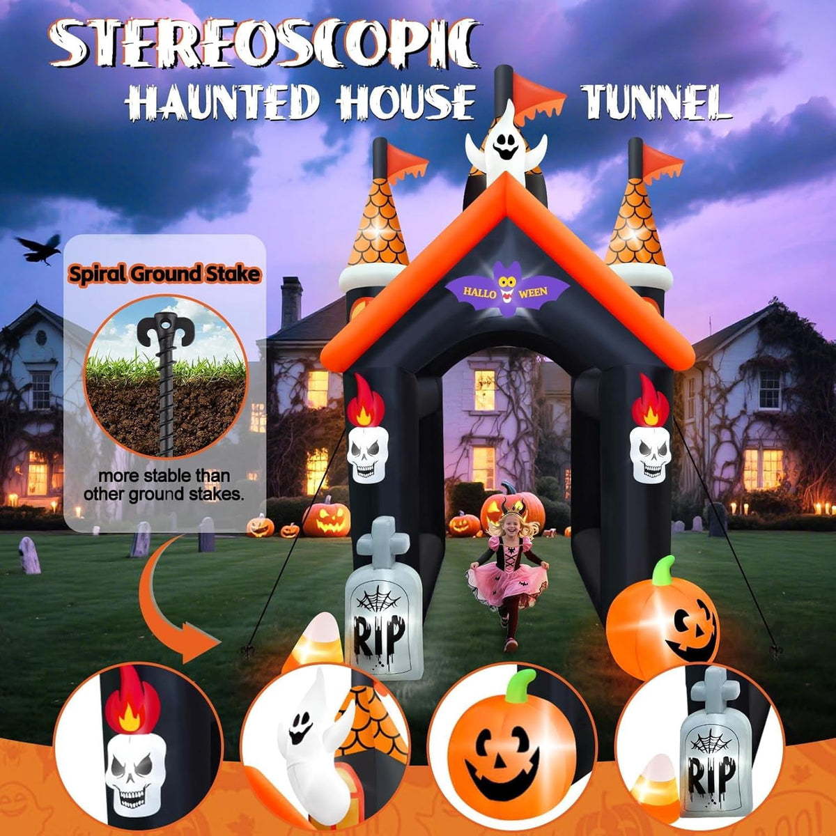 12FT Halloween Inflatable Archway, Kalolary Large Haunted House Inflatable Ghost Pumpkin Blow up Tunnel Halloween Outdoor Indoor Decorations Holiday Yard Lawn Inflatables for Home Family Party