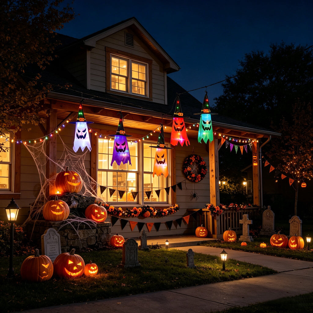 5Pcs Halloween Hanging Witch Hat String Lights, Waterproof LED Halloween Decorations, Battery Operated Colorful Glowing Witch Hat Lights for Yard Tree Porch Garden, Halloween Outdoor Decor