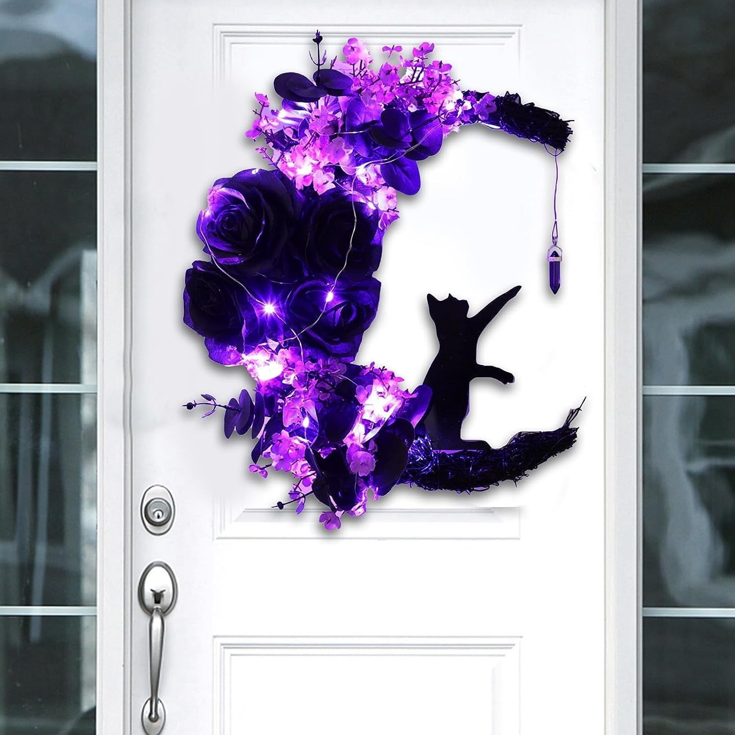 Wiher Halloween Wreaths with Lights for Front Door, 13.77" Halloween Moon Wreath with Black Cat Wood Wreath Halloween Wreath Horror Decorations for Home Party Window Wall Indoor Outdoor C