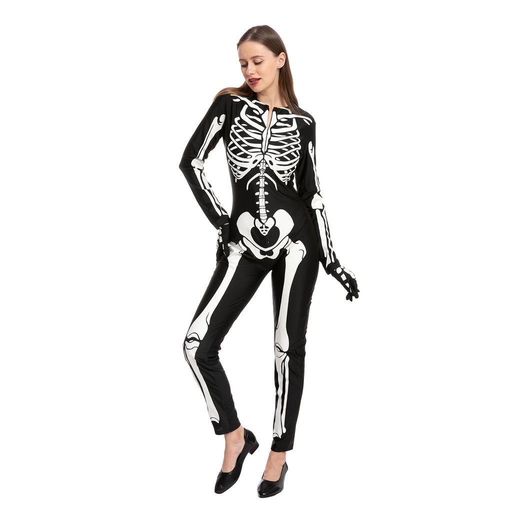 Joyfy Glow in the Dark Skeleton Costume for Adults Women Halloween Dress Up Party Role Playing Cosplay