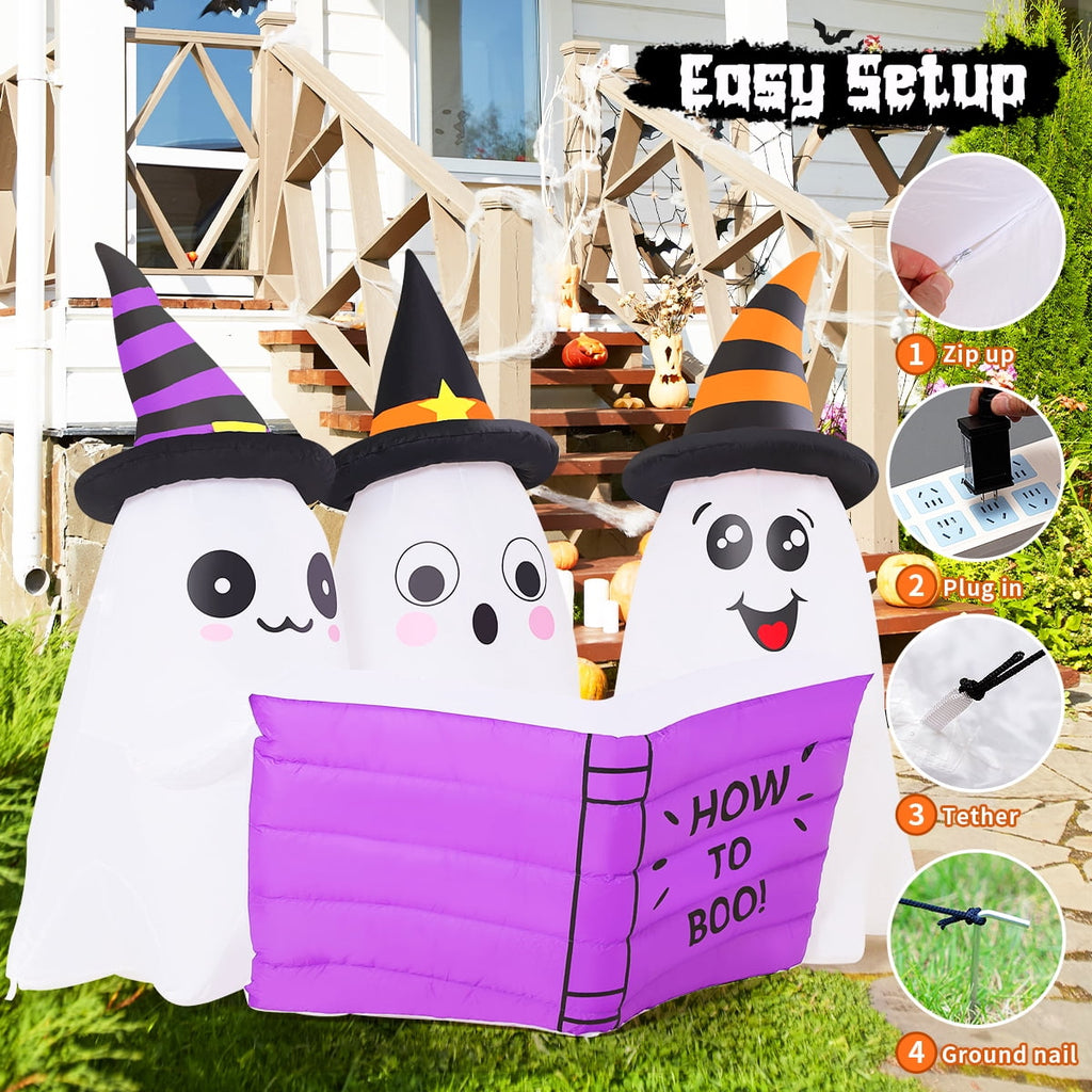 GOOSH Halloween Inflatables 5.2 FT Long Inflatable Ghosts Reading Book with Built-in LED Lights, Cute Ghost Inflatable Blow up Ghost Wearing Witch Hat, Outdoor Halloween Decorations for Holiday Party