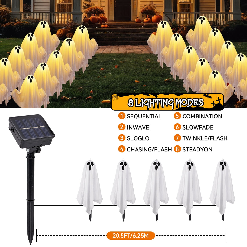 Halloween Decorations, Solar Garden Lights Outdoor, 5Packs Halloween Ghost Decorations Lights Indoor, Solar Scary Ghost Path Lights for Halloween Party Decor, Porches Yards Gardens Lawn, Warm White