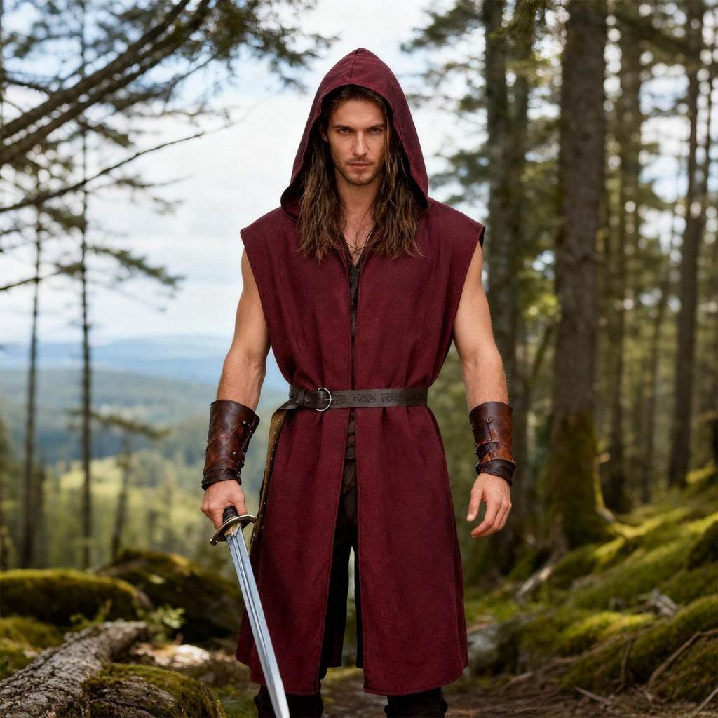 Virmaxy Halloween Costume Men's Hooded Sleeveless Tunic Costume with Belt Halloween Loose Fit Renaissance Medieval Party Cosplay Fighter Outfit Army Green