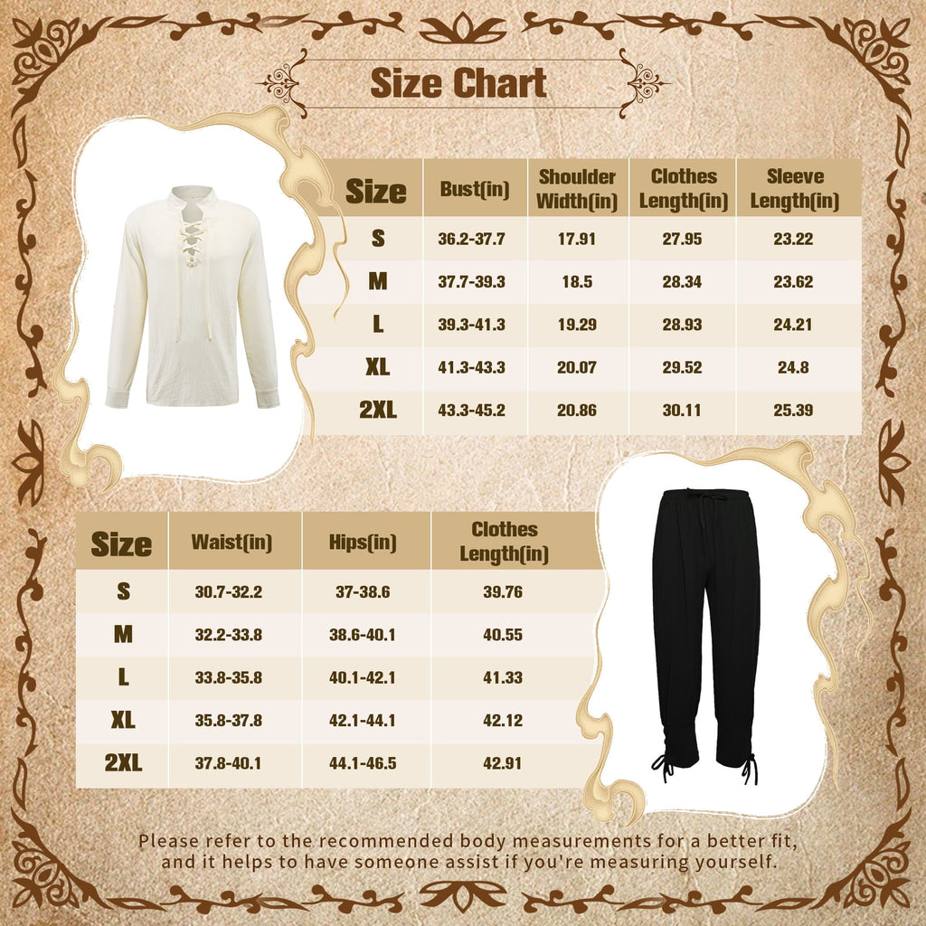 MYATED 5 Pcs Halloween Men's Renaissance Costume Set Medieval Pirate Shirt Ankle Banded Pants Viking Costume Accessories Set,Black,M