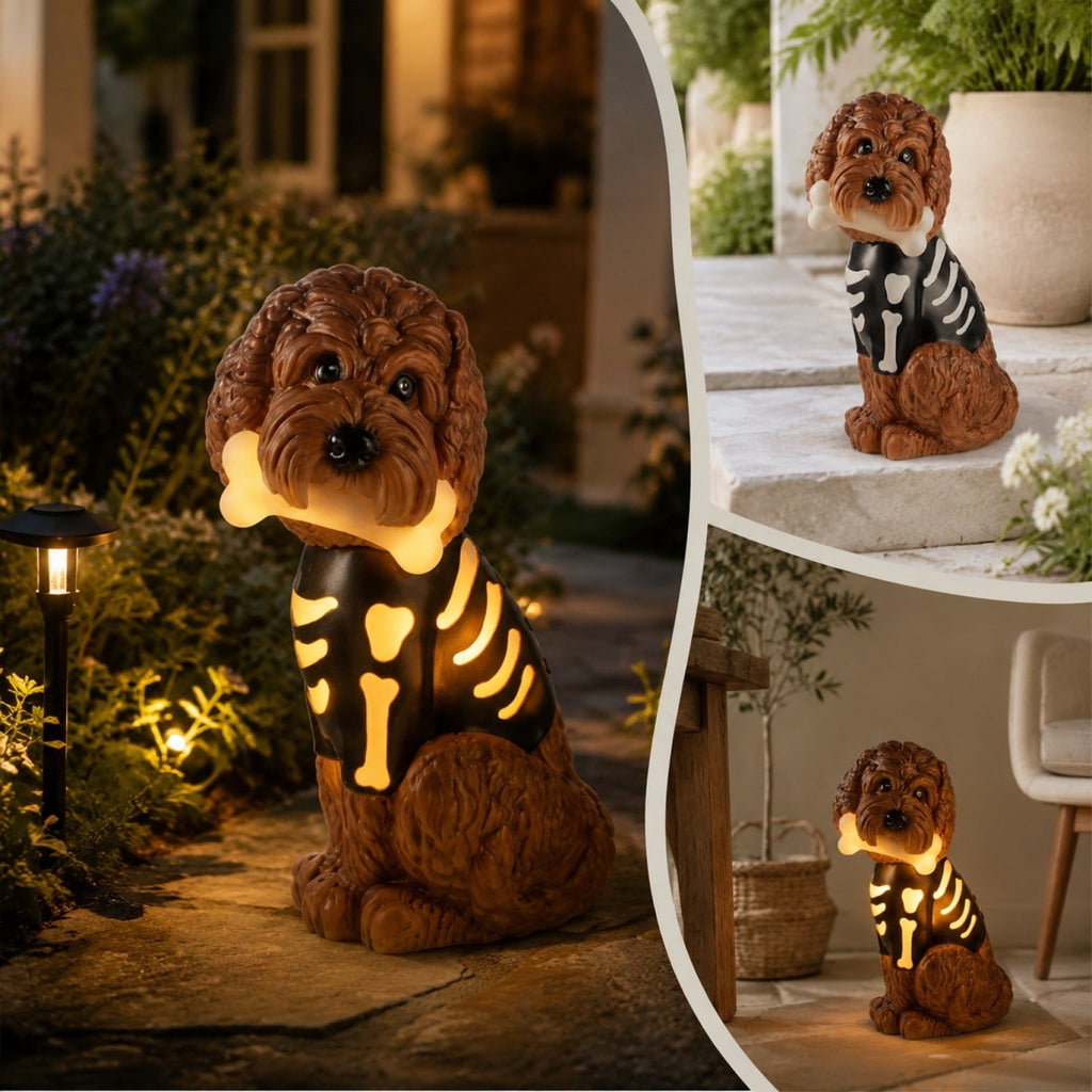 Halloween Dog Greeter - Frenchie 7.9in Resin Witch Dog with Light-Up Pumpkin, Spooky Fall Decor, Indoor Outdoor Tabletop Decoration