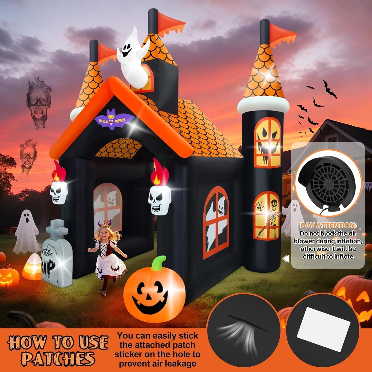 12FT Halloween Inflatable Archway, Kalolary Large Haunted House Inflatable Ghost Pumpkin Blow up Tunnel Halloween Outdoor Indoor Decorations Holiday Yard Lawn Inflatables for Home Family Party