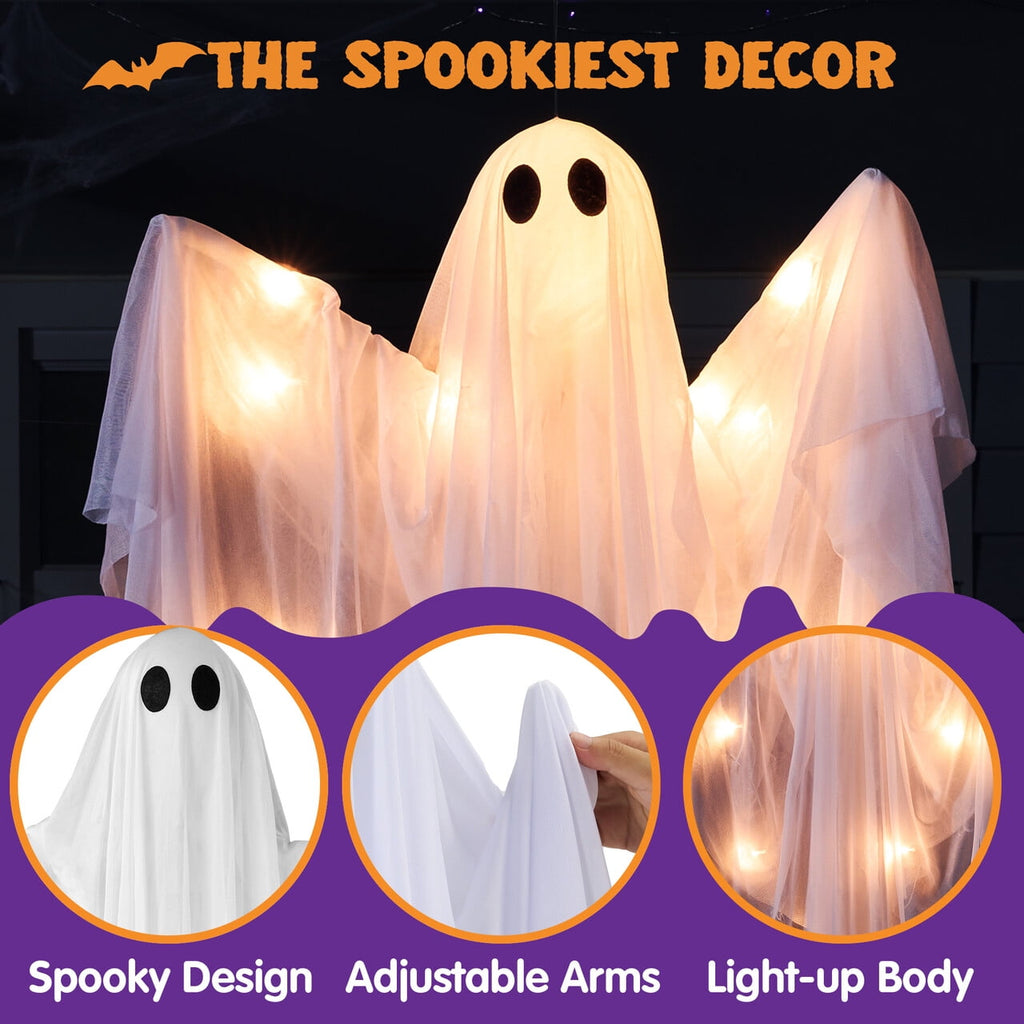 Joyfy 47" Halloween Hanging Light up Ghost Decorations Outdoor,White Ghosts with Blue LED Light and Timer Halloween Hanging Decoration Waterproof for Front Yard Patio Lawn