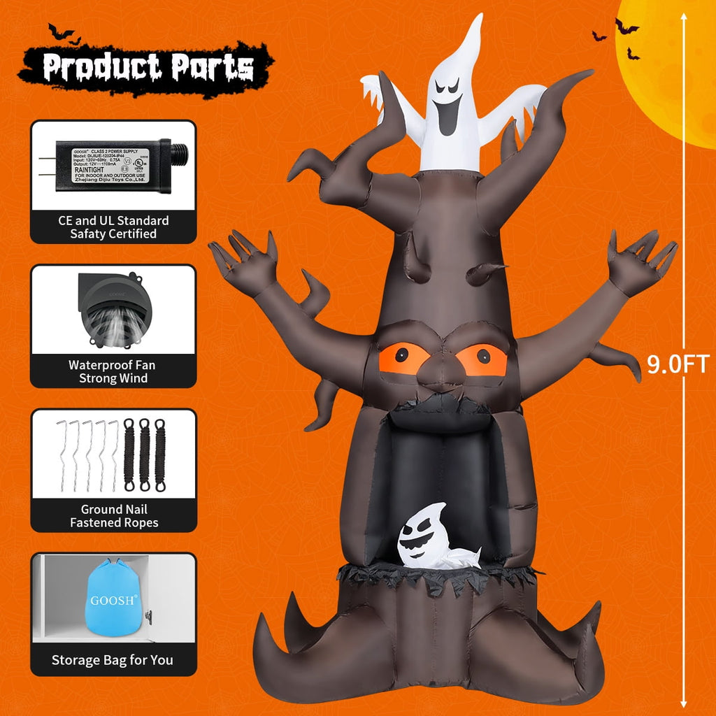 GOOSH Halloween Inflatables 9 FT Animated Halloween Tree Inflatables with Built-in LED lights, Scary Spooky Tree Inflatable with White Ghost, Outdoor Halloween Decorations for Halloween Holiday Party