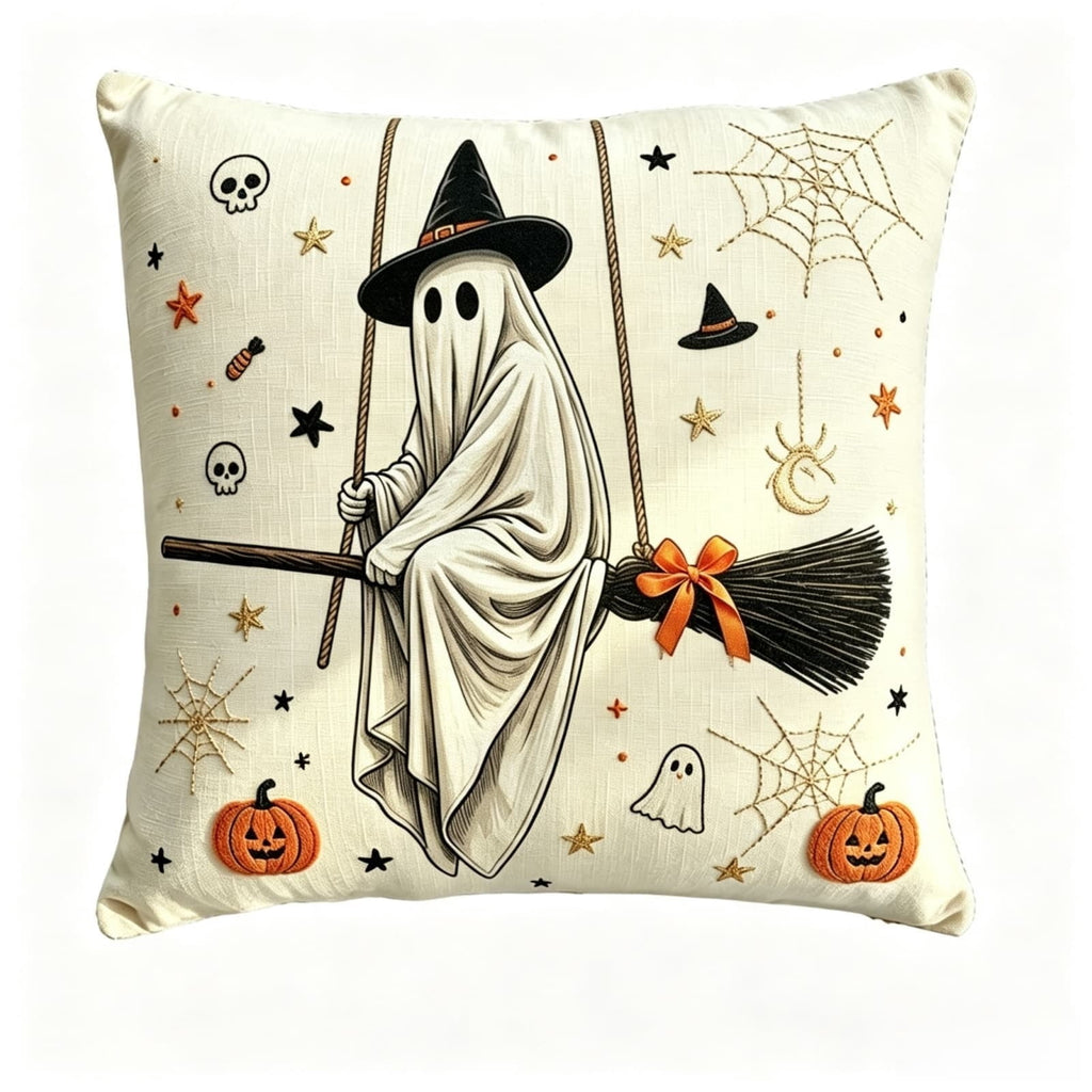 Halloween Ghost Reading Book Throw Pillow Cover, Spooky Library Bookshelf Skull Candlestick Decorative Pillowcase, Retro Halloween Cushion Cover