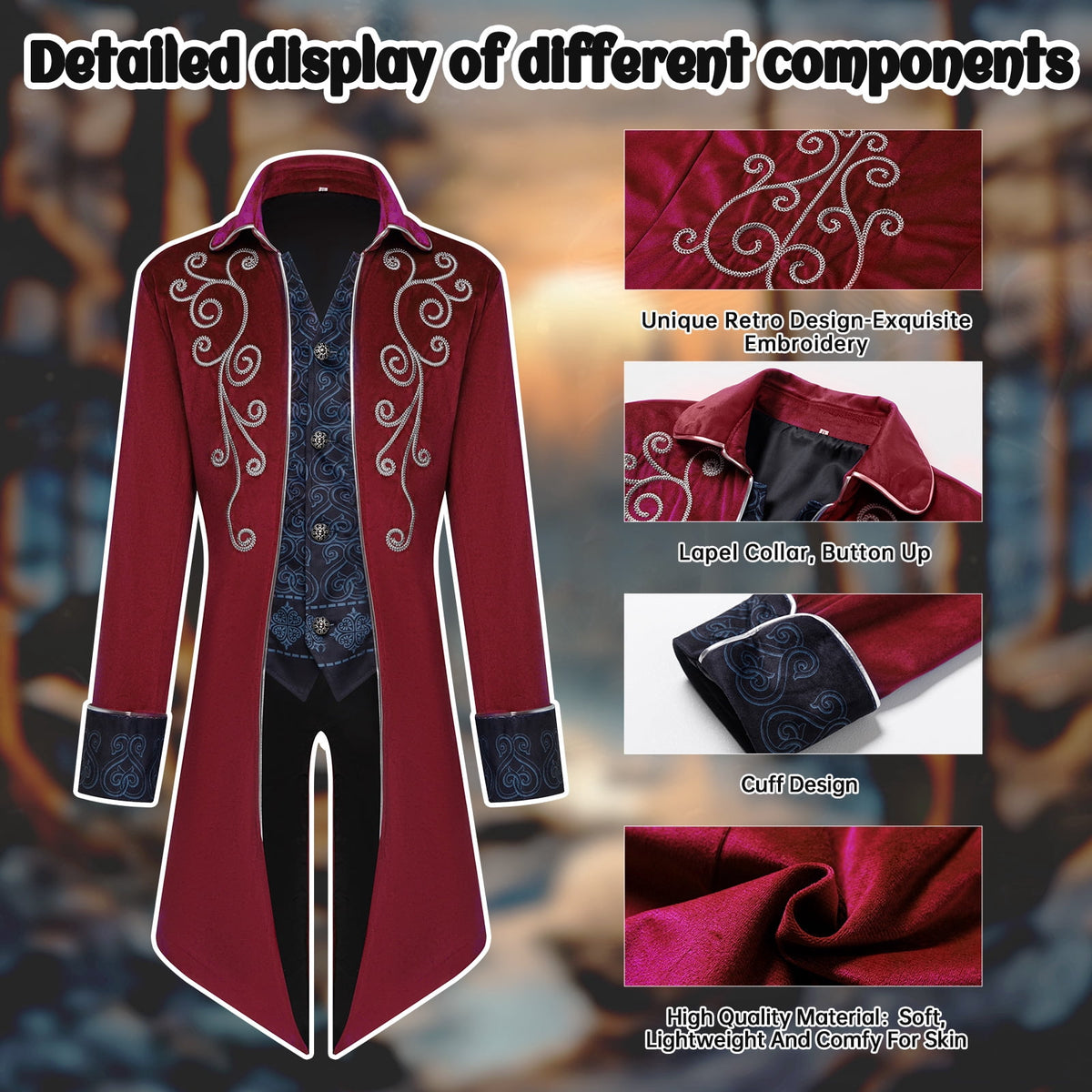 GYQMBT Men Medieval Steampunk Tailcoat Jacket Gothic Victorian Frock Coat Uniform Halloween Party Cosplay Gentleman Costumes, Blue, XL