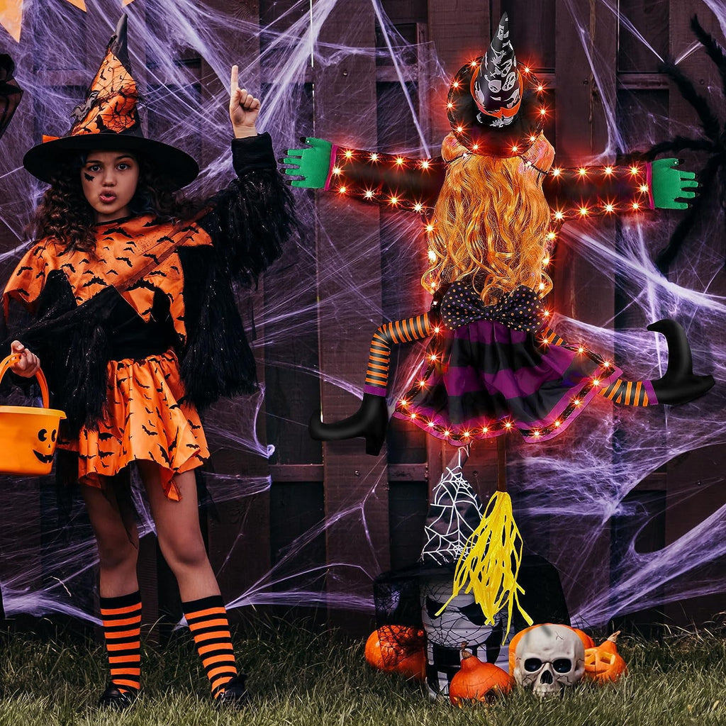 DAKIMOE Halloween Decoration Outdoor Witches Crashing Into Tree with Colorful LED Lights Crashed Witch Props Halloween Hanging Decorations for Indoor House Outdoor Yard Patio Decor 44''x33'' Orange