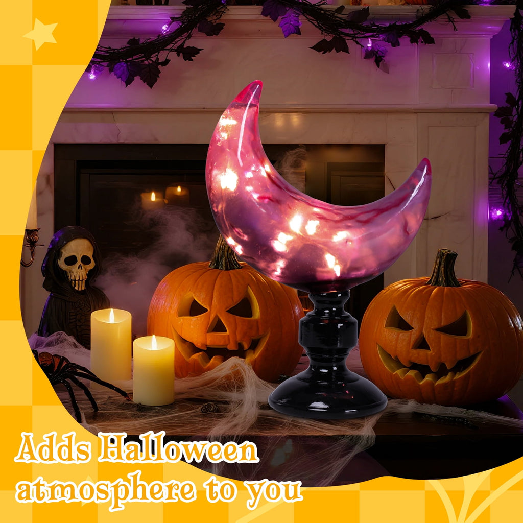 Halloween Purple Glass Moon Ornament with LED Lights, Swirled Pattern & Black Pedestal for Halloween Decor,Indoor Table Decor