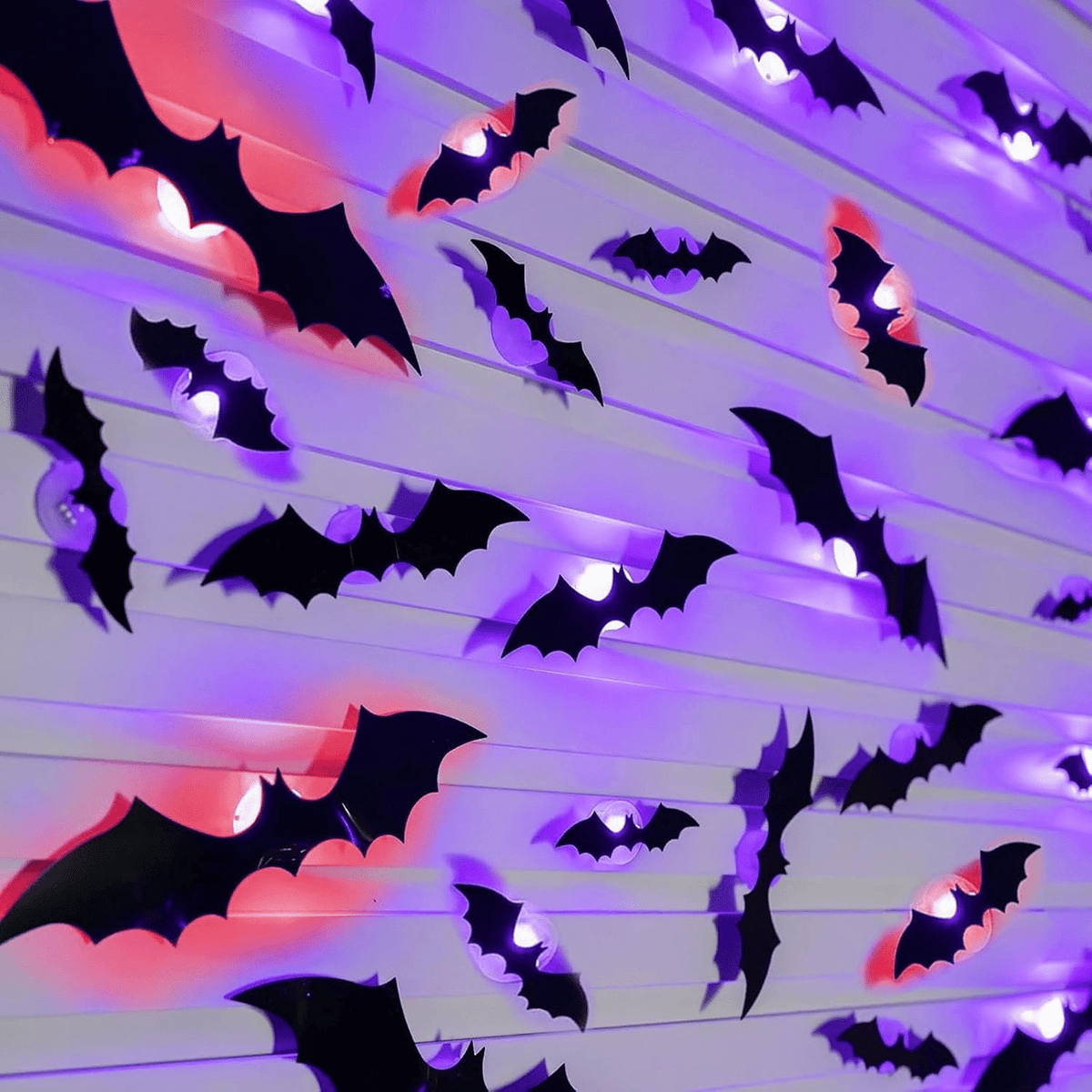 CQHVKQ 60 PCS Halloween Bats Decorations, Realistic 3D LED Bats Wall Stickers Decor, Assorted Size Removable Lighted PVC Bats DIY Wall Sticker for Halloween Party, Bedroom, Home, Indoor and Outdoor