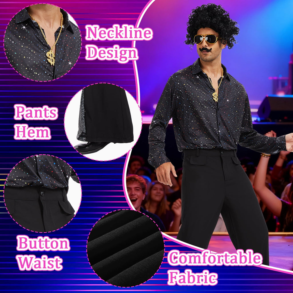MYATED 70s Disco Costume for Men 6 Pcs Dance Bell Bottom Pants Retro Shirts Wigs Sunglasses Necklace Shirts for Disco Party (Black,L)